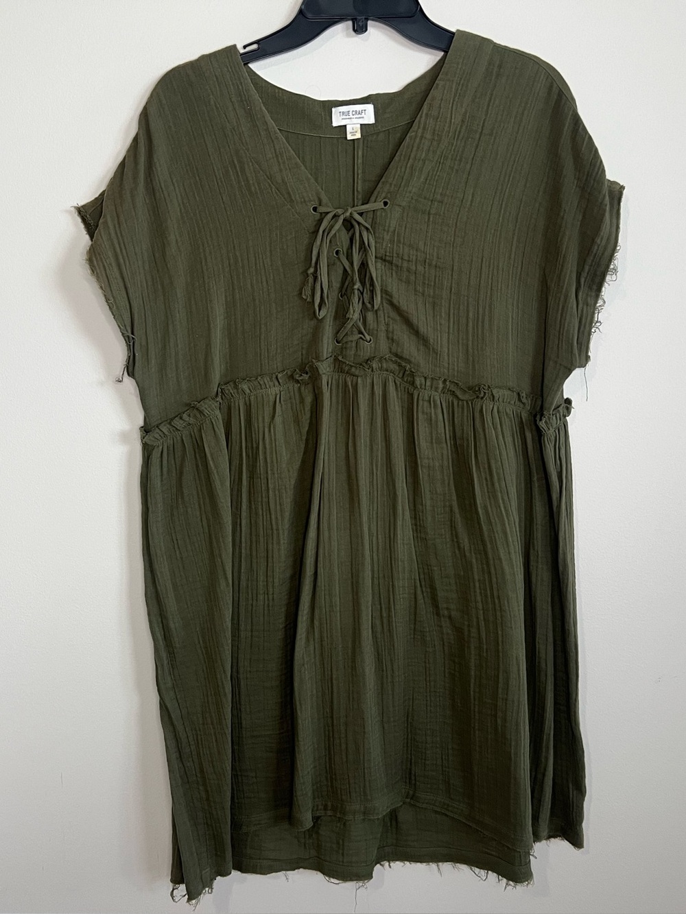 True Craft Olive Lace-Up V-Neck Dress